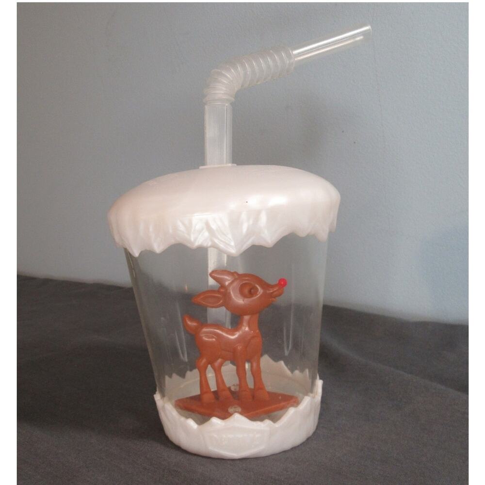 Denny's Rudolph Red Nose Reindeer Cup Screw On Lid And Straw 12 Oz. 2015